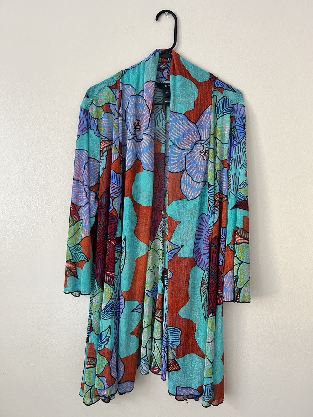 Ali Miles Floral Open Front Cardigan Turquoise Multi Plus Size 1X